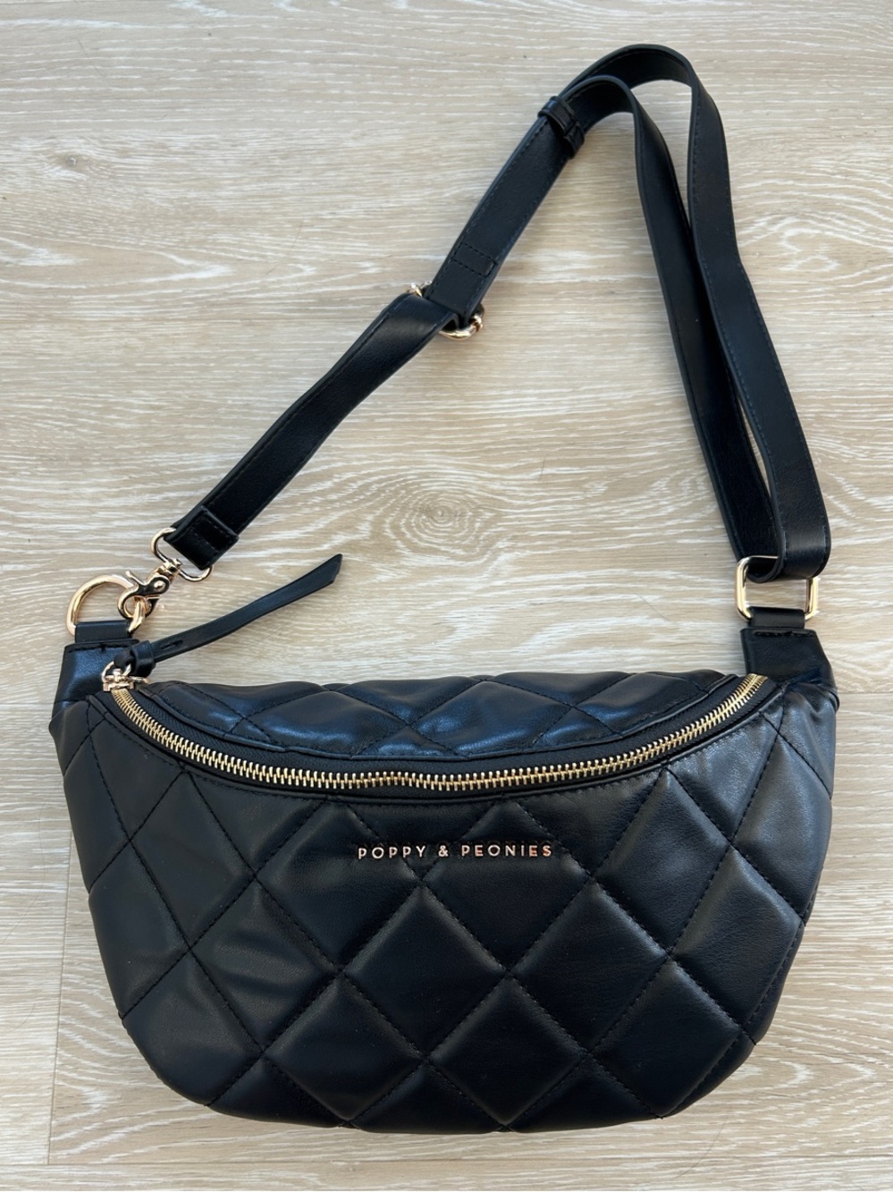 Poppy & Peonies Black Quilted Crossbody with Gold Hardware